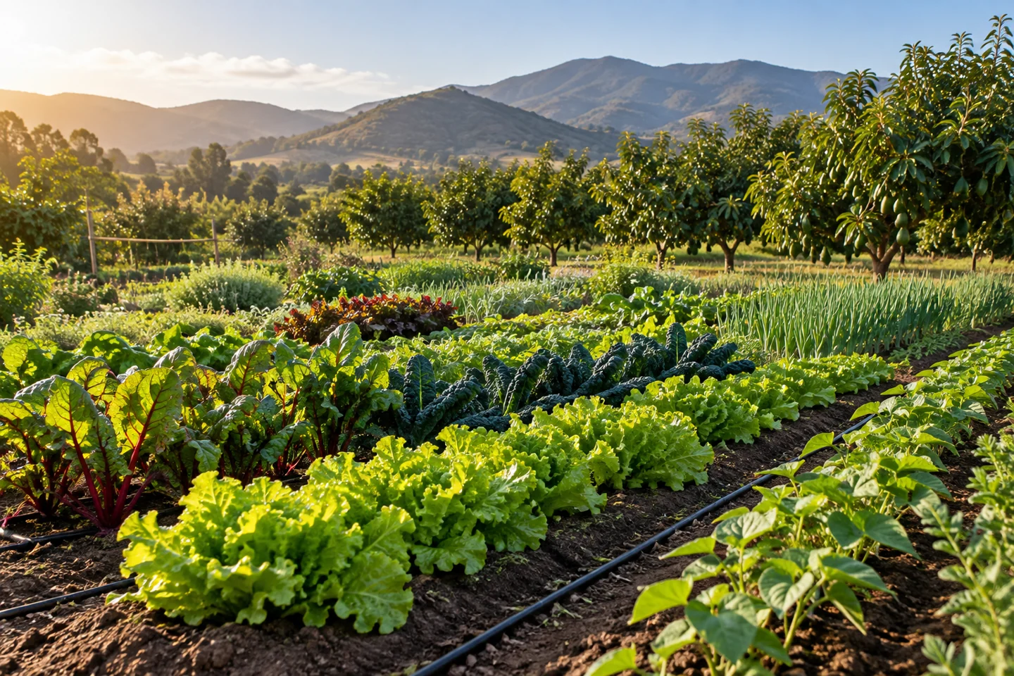 Huerta y árboles frutales en un paisaje agrícola ilustrativo con luz de mañana